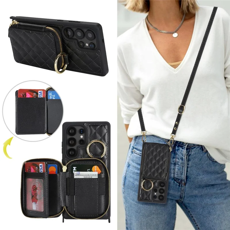 For Samsung Galaxy S25 Ultra Case Ring Holder Zipper Pocket Kickstand Leather Back Phone Cover with Shoulder Strap - Black