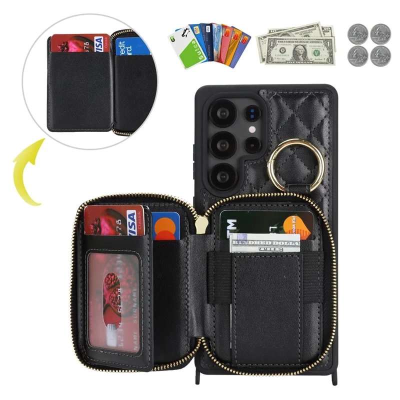 For Samsung Galaxy S25 Ultra Case Ring Holder Zipper Pocket Kickstand Leather Back Phone Cover with Shoulder Strap - Black
