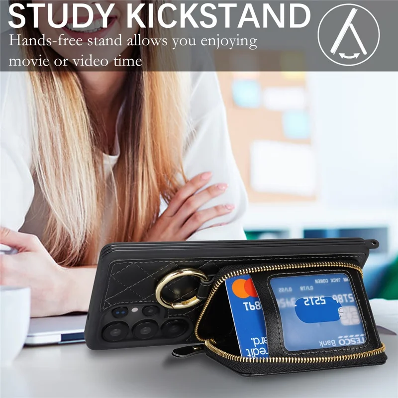 For Samsung Galaxy S25 Ultra Case Ring Holder Zipper Pocket Kickstand Leather Back Phone Cover with Shoulder Strap - Black