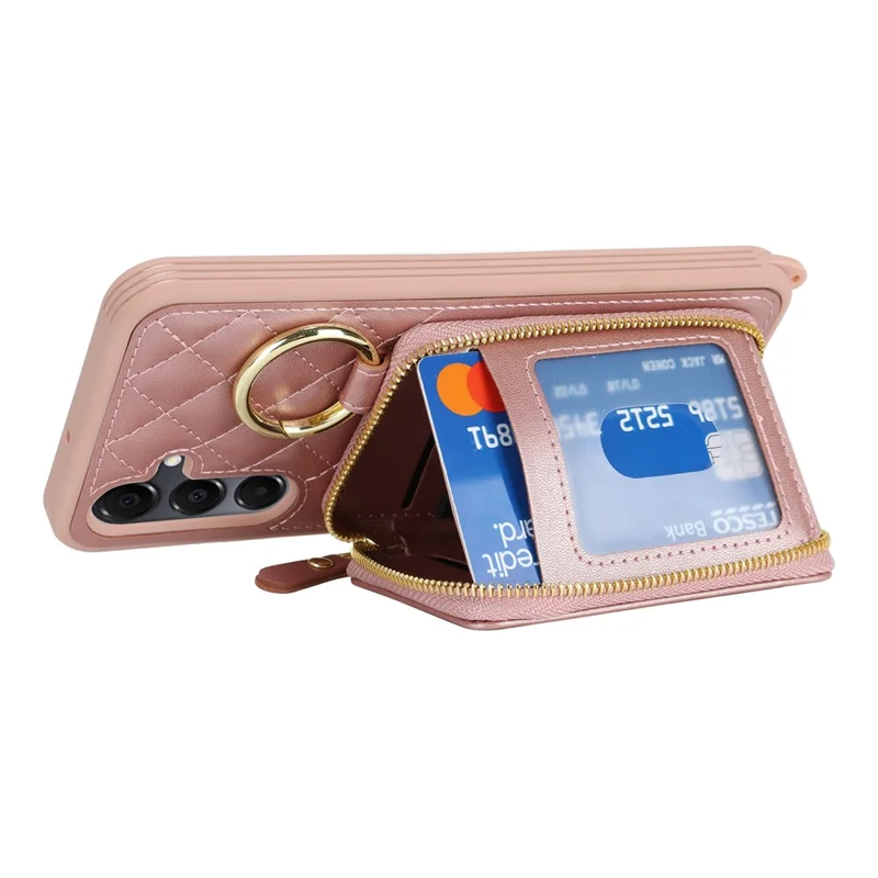 Obudowa z uchwytem pierścieniowym, kieszenią na zamek i podpórką, tyłem z imitacji skóry i paskiem na ramię dla Samsung Galaxy A15 5G / 4G - różowe złoto