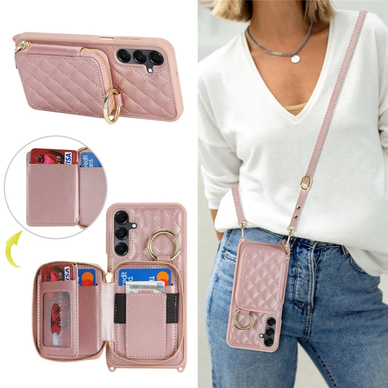 Obudowa z uchwytem pierścieniowym, kieszenią na zamek i podpórką, tyłem z imitacji skóry i paskiem na ramię dla Samsung Galaxy A15 5G / 4G - różowe złoto