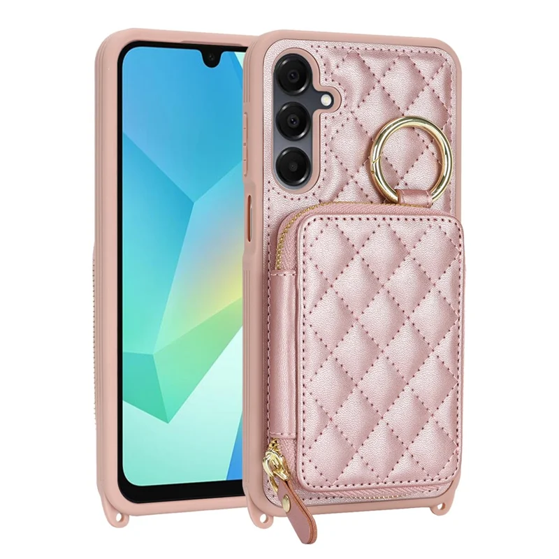 For Samsung Galaxy A16 5G / 4G Case Ring Holder Zipper Pocket Kickstand Leather Back Phone Cover with Shoulder Strap - Rose Gold