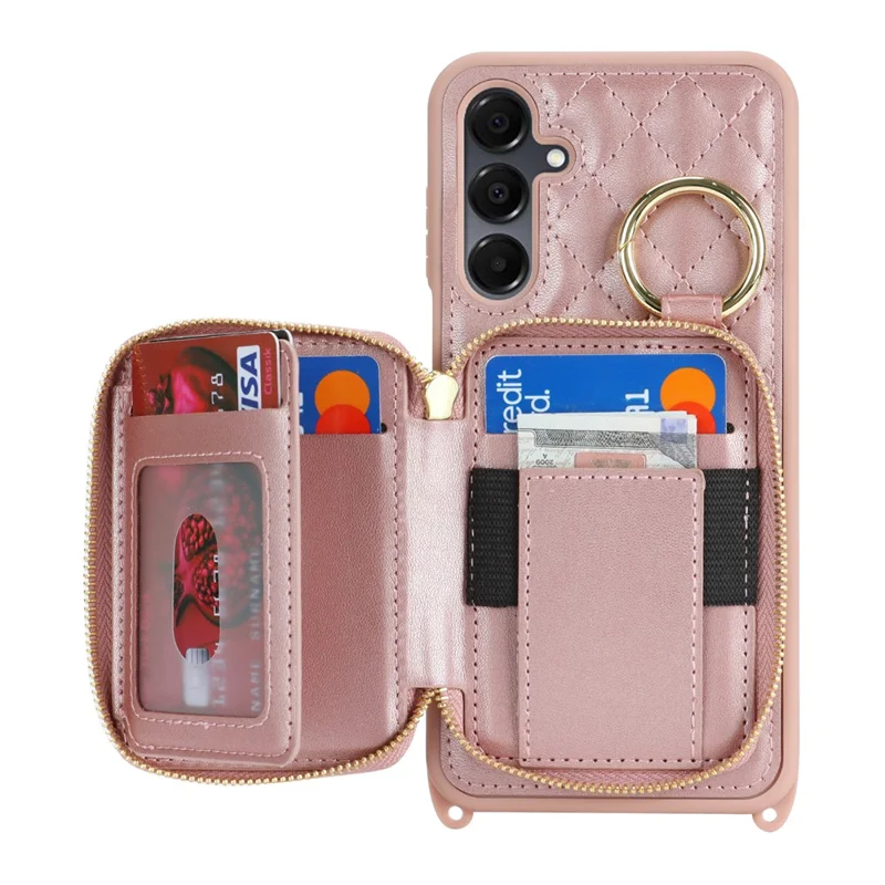 For Samsung Galaxy A16 5G / 4G Case Ring Holder Zipper Pocket Kickstand Leather Back Phone Cover with Shoulder Strap - Rose Gold