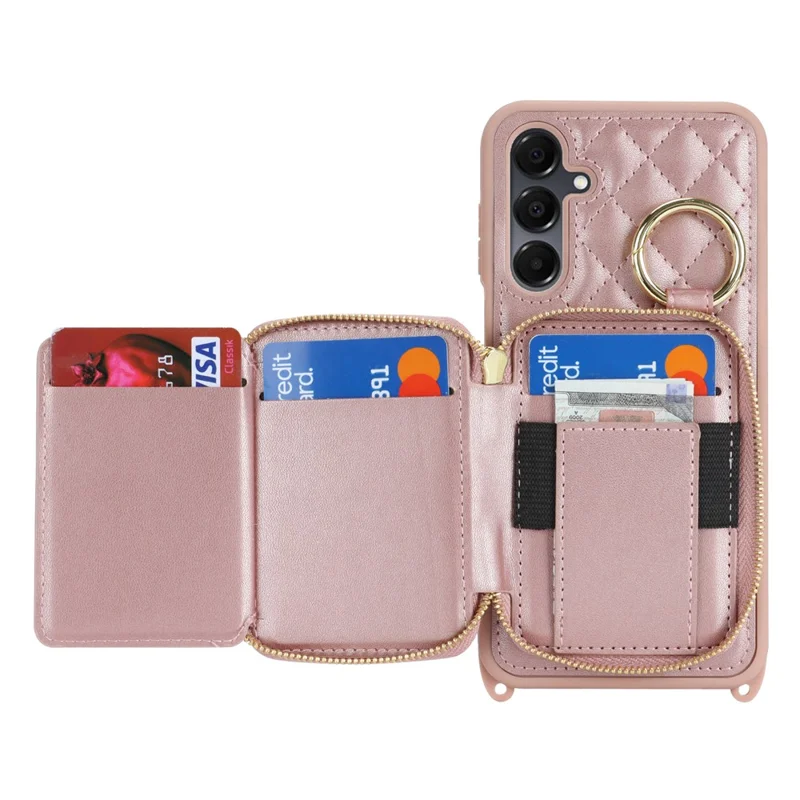 For Samsung Galaxy A16 5G / 4G Case Ring Holder Zipper Pocket Kickstand Leather Back Phone Cover with Shoulder Strap - Rose Gold