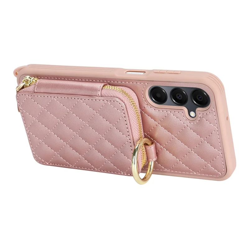 For Samsung Galaxy A16 5G / 4G Case Ring Holder Zipper Pocket Kickstand Leather Back Phone Cover with Shoulder Strap - Rose Gold