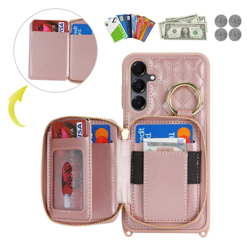 For Samsung Galaxy A16 5G / 4G Case Ring Holder Zipper Pocket Kickstand Leather Back Phone Cover with Shoulder Strap - Rose Gold