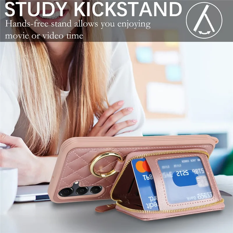 For Samsung Galaxy A16 5G / 4G Case Ring Holder Zipper Pocket Kickstand Leather Back Phone Cover with Shoulder Strap - Rose Gold