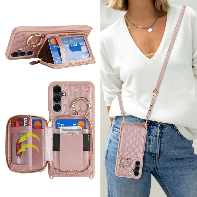 For Samsung Galaxy A16 5G / 4G Case Ring Holder Zipper Pocket Kickstand Leather Back Phone Cover with Shoulder Strap - Rose Gold