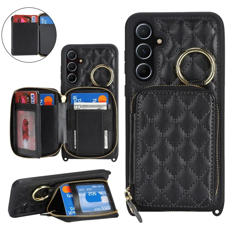 For Samsung Galaxy A55 5G Case Ring Holder Zipper Pocket Kickstand Leather Back Phone Cover with Shoulder Strap - Black