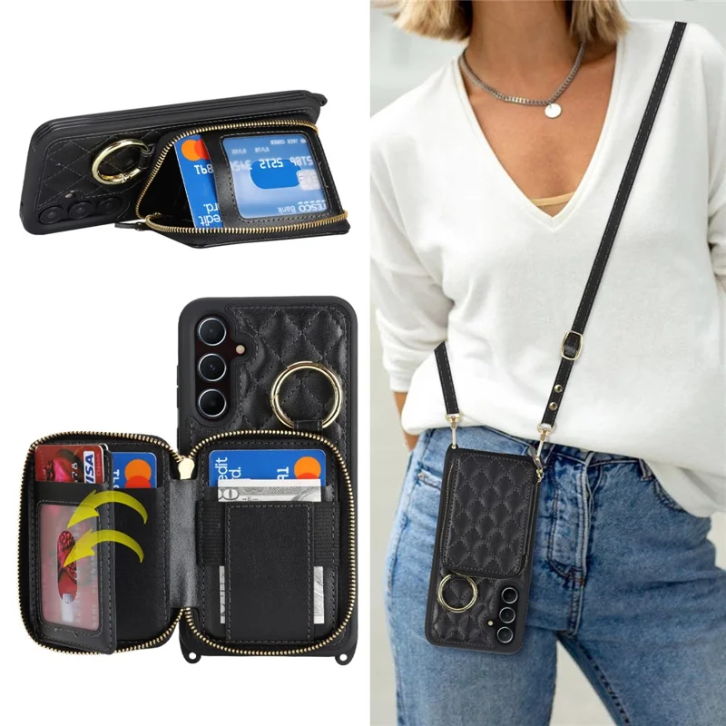 For Samsung Galaxy A55 5G Case Ring Holder Zipper Pocket Kickstand Leather Back Phone Cover with Shoulder Strap - Black