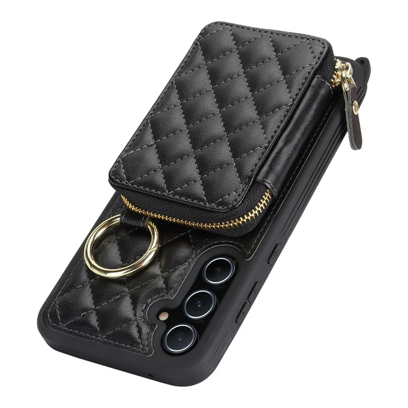 For Samsung Galaxy A55 5G Case Ring Holder Zipper Pocket Kickstand Leather Back Phone Cover with Shoulder Strap - Black