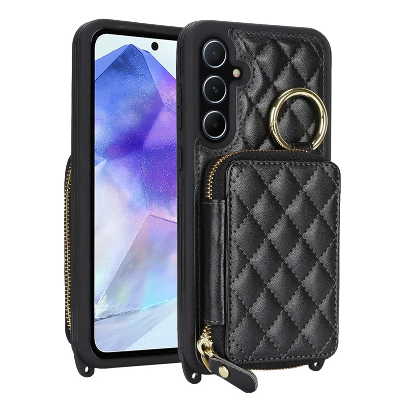 For Samsung Galaxy A55 5G Case Ring Holder Zipper Pocket Kickstand Leather Back Phone Cover with Shoulder Strap - Black