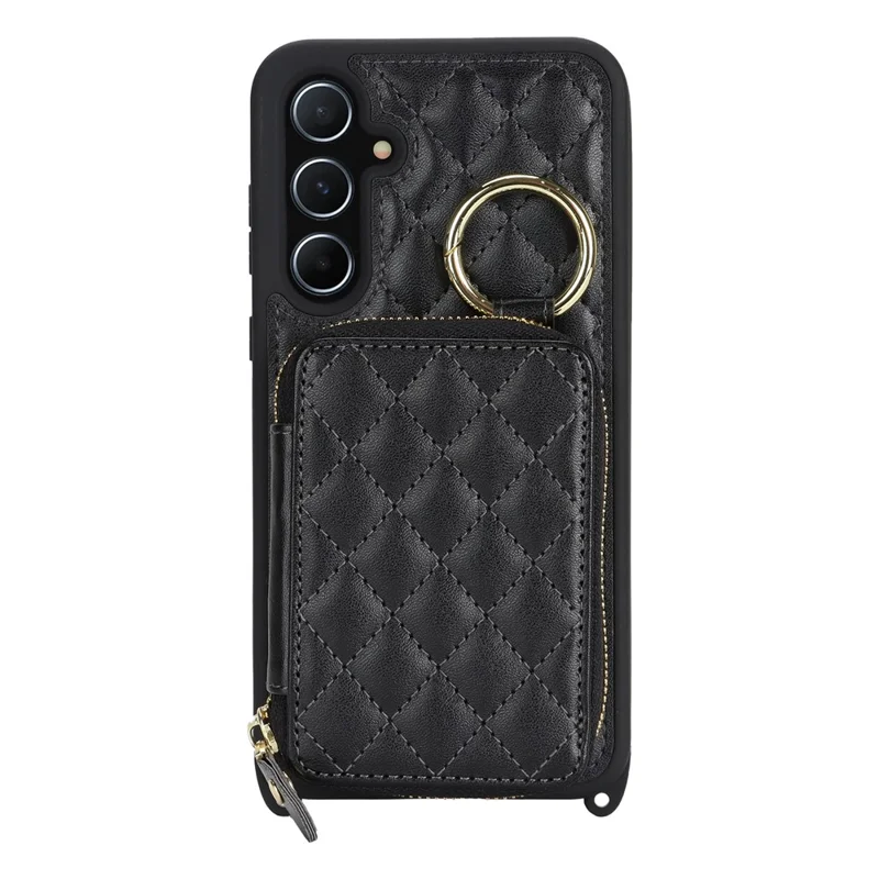 For Samsung Galaxy A55 5G Case Ring Holder Zipper Pocket Kickstand Leather Back Phone Cover with Shoulder Strap - Black