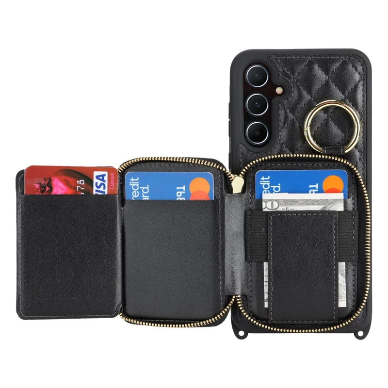 For Samsung Galaxy A55 5G Case Ring Holder Zipper Pocket Kickstand Leather Back Phone Cover with Shoulder Strap - Black
