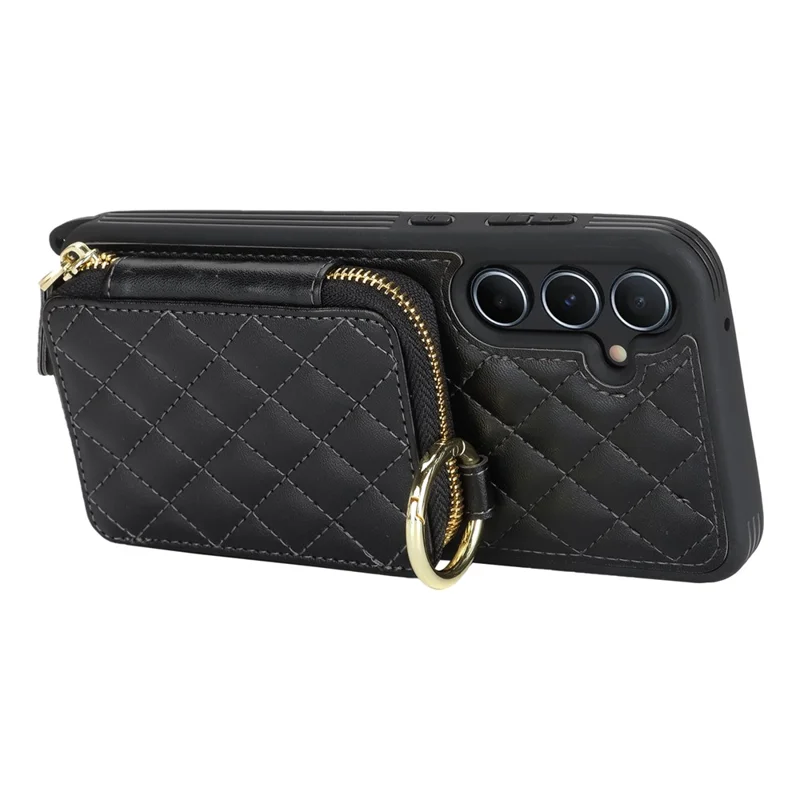 For Samsung Galaxy A55 5G Case Ring Holder Zipper Pocket Kickstand Leather Back Phone Cover with Shoulder Strap - Black