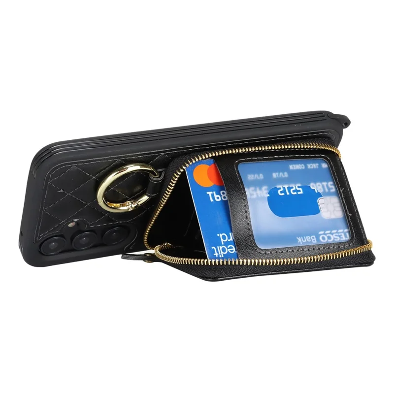 For Samsung Galaxy A55 5G Case Ring Holder Zipper Pocket Kickstand Leather Back Phone Cover with Shoulder Strap - Black