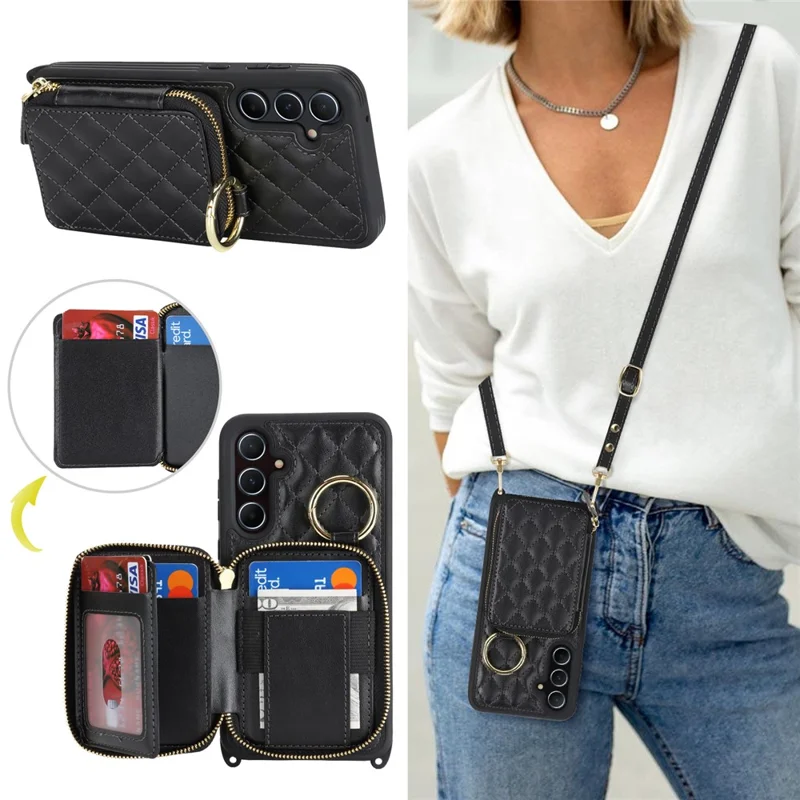 For Samsung Galaxy A55 5G Case Ring Holder Zipper Pocket Kickstand Leather Back Phone Cover with Shoulder Strap - Black