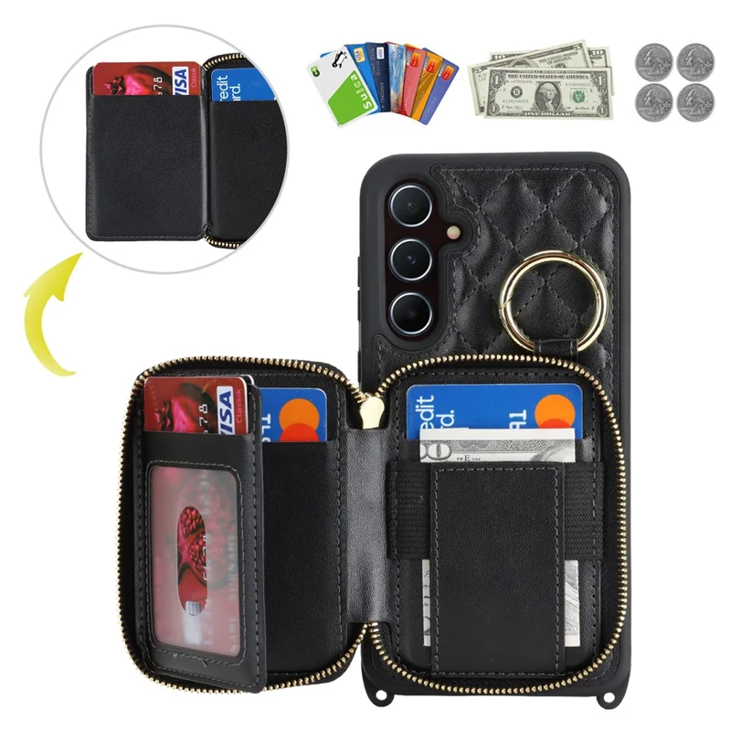 For Samsung Galaxy A55 5G Case Ring Holder Zipper Pocket Kickstand Leather Back Phone Cover with Shoulder Strap - Black