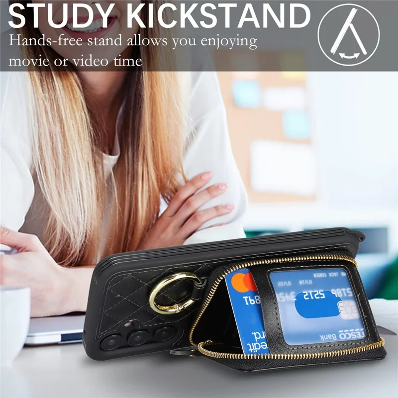 For Samsung Galaxy A55 5G Case Ring Holder Zipper Pocket Kickstand Leather Back Phone Cover with Shoulder Strap - Black