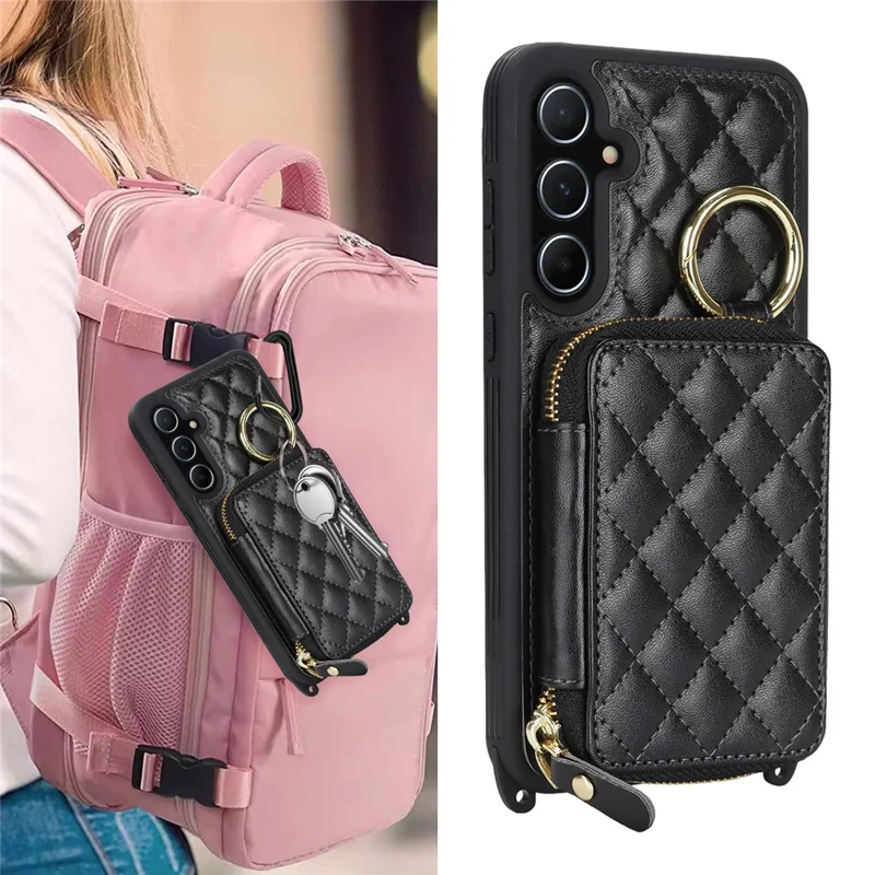 For Samsung Galaxy A55 5G Case Ring Holder Zipper Pocket Kickstand Leather Back Phone Cover with Shoulder Strap - Black