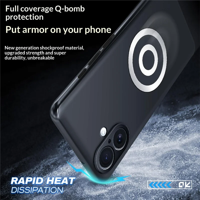 Capa para iPhone 16 Capa de Telemóvel em Silicone PC com Dissipação de Calor em Grafeno + Latão com Suporte para Suporte Magnético de Carro