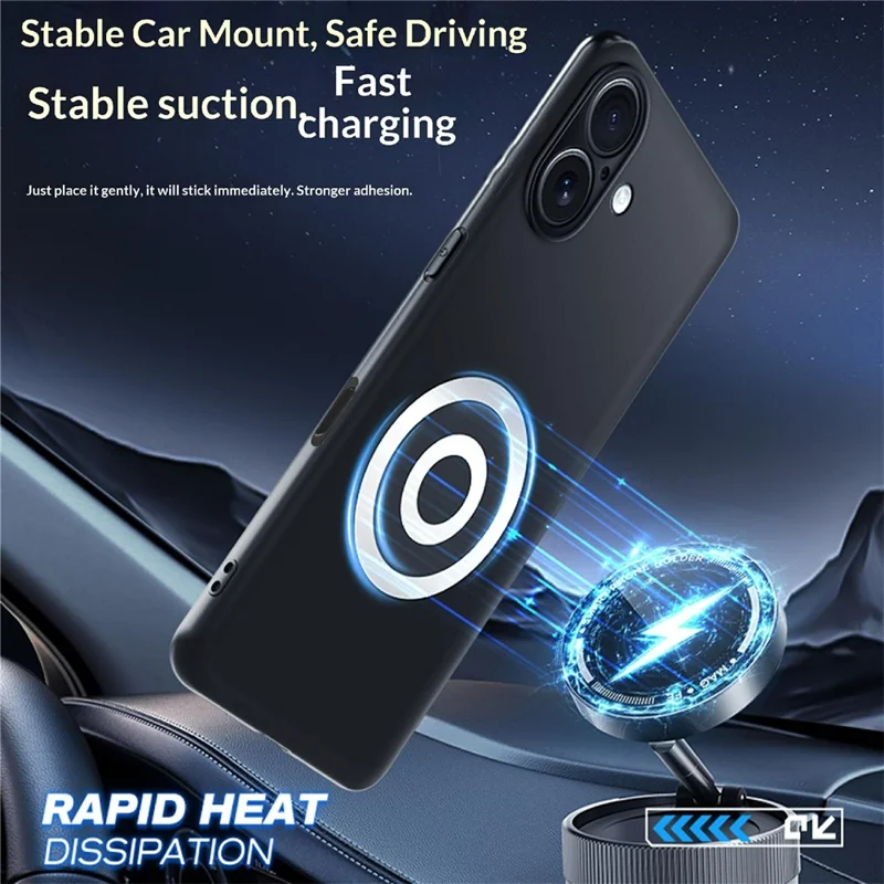 Capa para iPhone 16 Capa de Telemóvel em Silicone PC com Dissipação de Calor em Grafeno + Latão com Suporte para Suporte Magnético de Carro