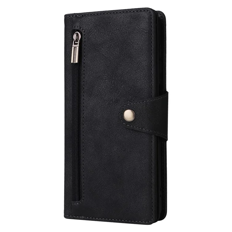 Drop-proof Phone Case For Samsung Galaxy A14 5G / A14 4G Zippered Wallet Rivet Buckle PU Leather Stand Cell Phone Cover with Strap - Black