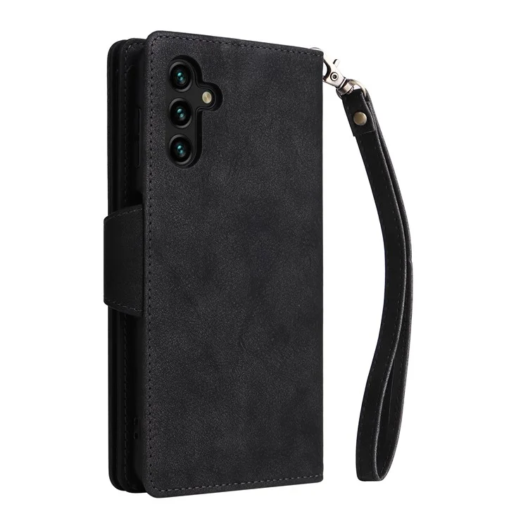 Drop-proof Phone Case For Samsung Galaxy A14 5G / A14 4G Zippered Wallet Rivet Buckle PU Leather Stand Cell Phone Cover with Strap - Black
