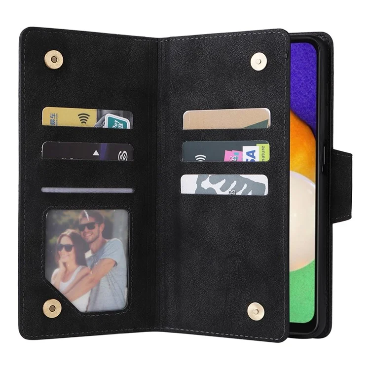 Drop-proof Phone Case For Samsung Galaxy A14 5G / A14 4G Zippered Wallet Rivet Buckle PU Leather Stand Cell Phone Cover with Strap - Black