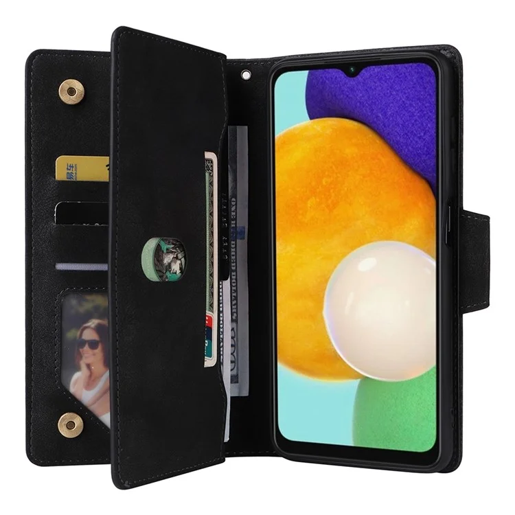 Drop-proof Phone Case For Samsung Galaxy A14 5G / A14 4G Zippered Wallet Rivet Buckle PU Leather Stand Cell Phone Cover with Strap - Black