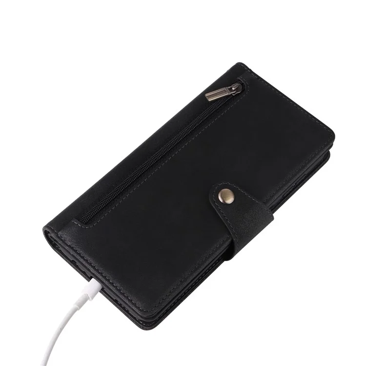 Drop-proof Phone Case For Samsung Galaxy A14 5G / A14 4G Zippered Wallet Rivet Buckle PU Leather Stand Cell Phone Cover with Strap - Black