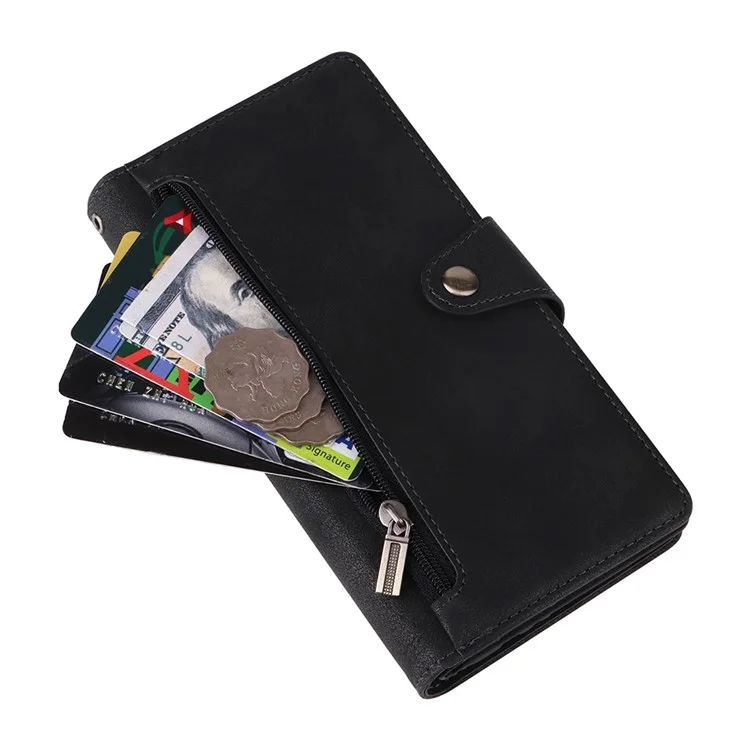 Drop-proof Phone Case For Samsung Galaxy A14 5G / A14 4G Zippered Wallet Rivet Buckle PU Leather Stand Cell Phone Cover with Strap - Black