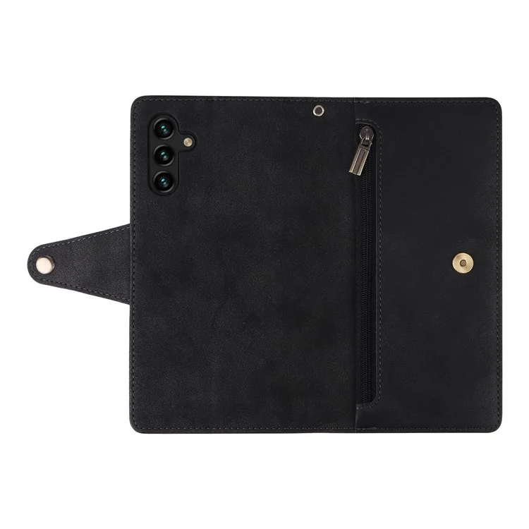 Drop-proof Phone Case For Samsung Galaxy A14 5G / A14 4G Zippered Wallet Rivet Buckle PU Leather Stand Cell Phone Cover with Strap - Black