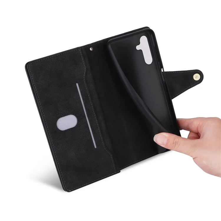 Drop-proof Phone Case For Samsung Galaxy A14 5G / A14 4G Zippered Wallet Rivet Buckle PU Leather Stand Cell Phone Cover with Strap - Black
