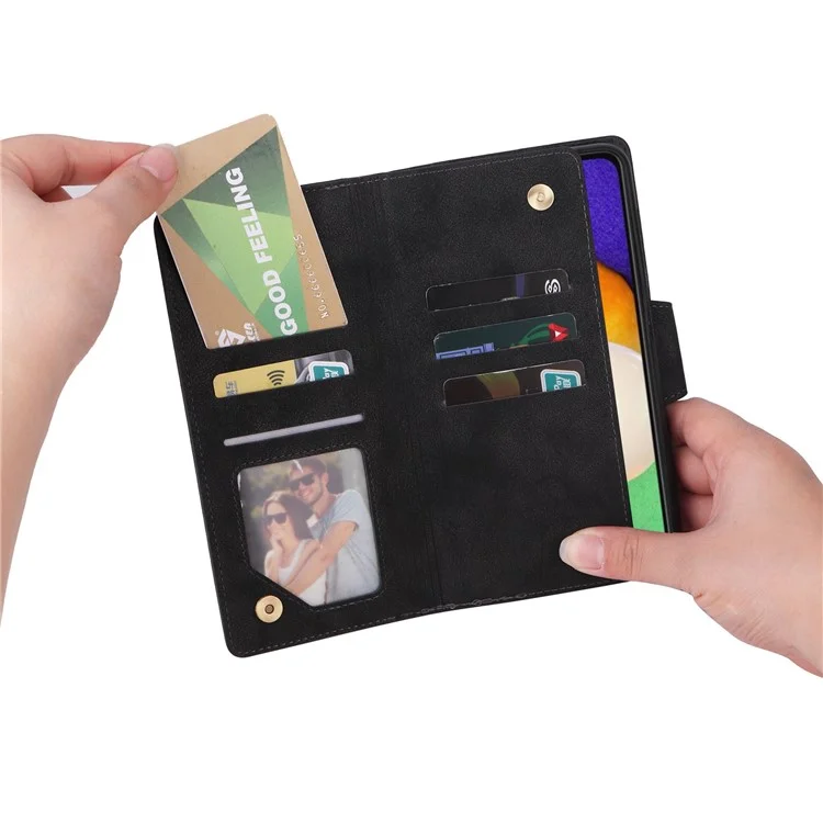 Drop-proof Phone Case For Samsung Galaxy A14 5G / A14 4G Zippered Wallet Rivet Buckle PU Leather Stand Cell Phone Cover with Strap - Black