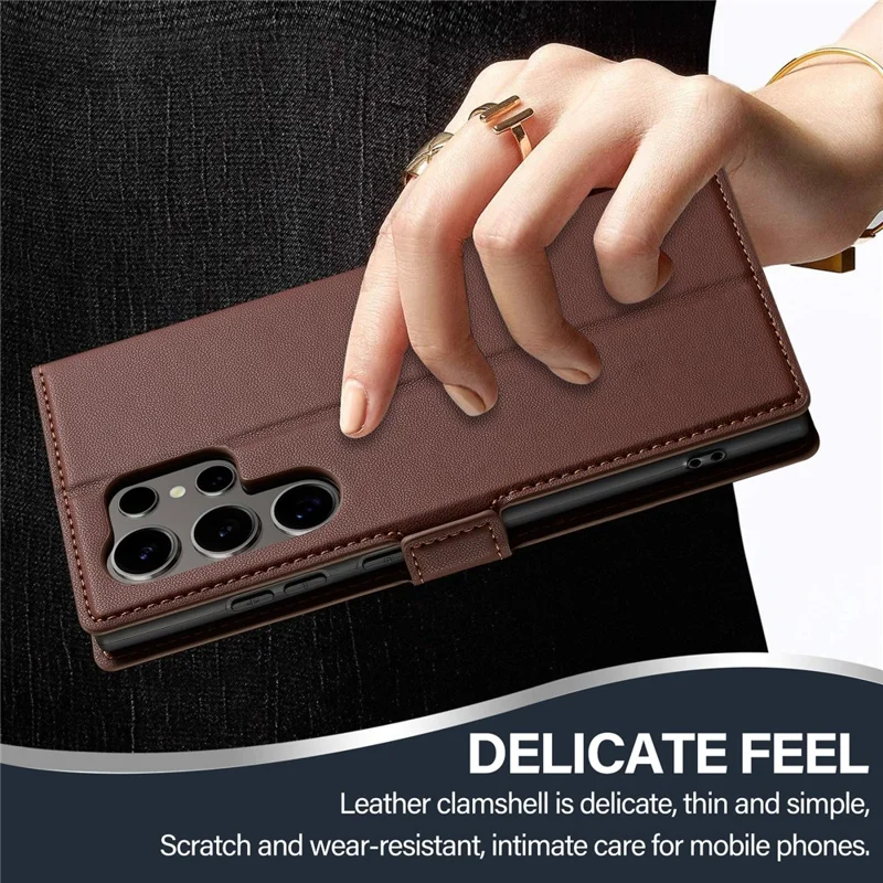 LC.IMEEKE L1 Series for Samsung Galaxy S26 Ultra Case PU Leather Wallet Stand Protective Phone Cover - Brown
