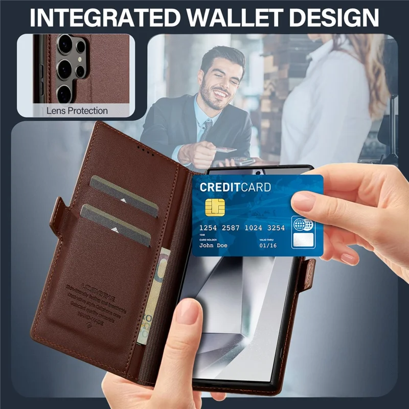 LC.IMEEKE L1 Series for Samsung Galaxy S26 Ultra Case PU Leather Wallet Stand Protective Phone Cover - Brown