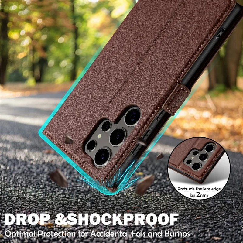 LC.IMEEKE L1 Series for Samsung Galaxy S26 Ultra Case PU Leather Wallet Stand Protective Phone Cover - Brown