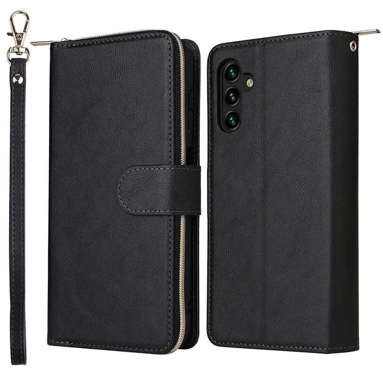 Для Samsung Galaxy A14 5G PU Leather 9 Scard Slots Chase Case Cash Pocket Cover Cover с Ремешком - Черный
