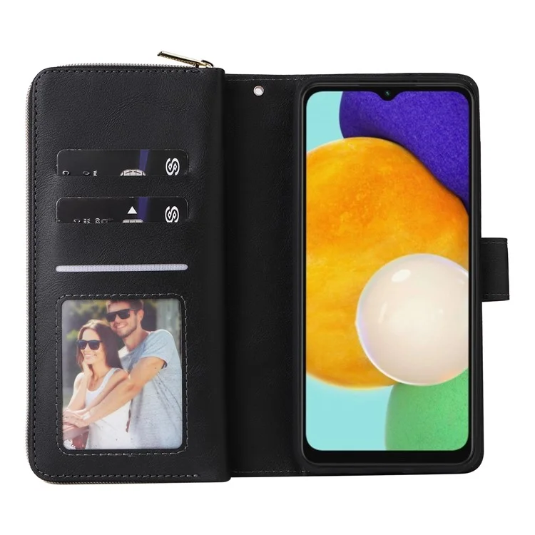 Для Samsung Galaxy A14 5G PU Leather 9 Scard Slots Chase Case Cash Pocket Cover Cover с Ремешком - Черный
