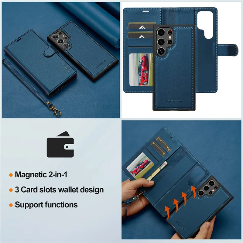 LC.IMEEKE L2 Series for Samsung Galaxy S26 Ultra Case PU Leather Wallet Detachable Magnetic Phone Cover - Blue