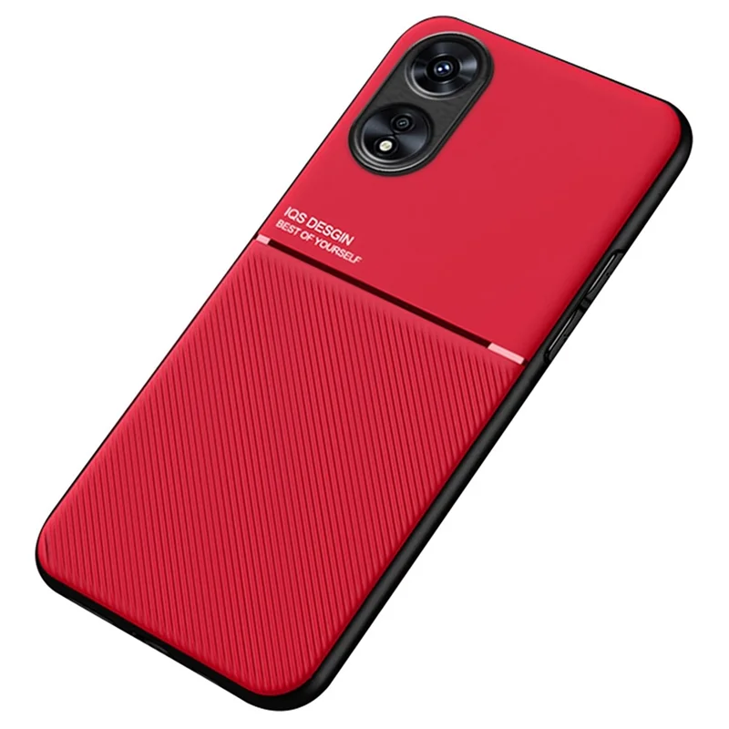 Back Case for Oppo A17 4G, Lines Imprinted PU Leather+TPU Hybrid Shell with Built-in Metal Sheet - Red