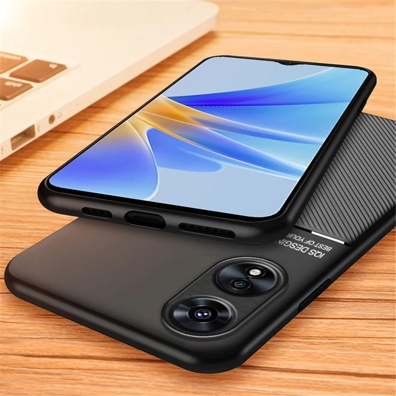 Back Case for Oppo A17 4G, Lines Imprinted PU Leather+TPU Hybrid Shell with Built-in Metal Sheet - Red