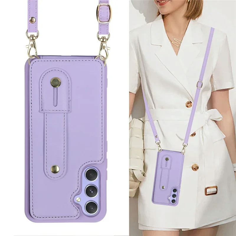For Samsung Galaxy S26+ Case Kickstand Card Slots Leather Coated TPU Cover with Shoulder Strap - Purple - 10