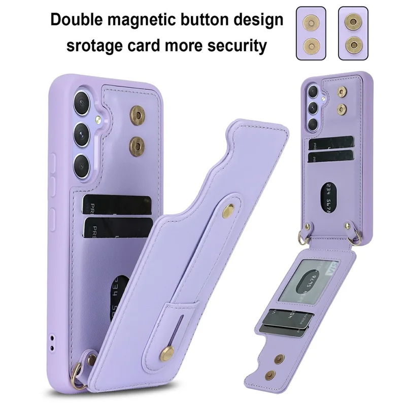 For Samsung Galaxy S26+ Case Kickstand Card Slots Leather Coated TPU Cover with Shoulder Strap - Purple - 4