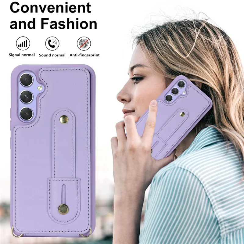 For Samsung Galaxy S26+ Case Kickstand Card Slots Leather Coated TPU Cover with Shoulder Strap - Purple - 6