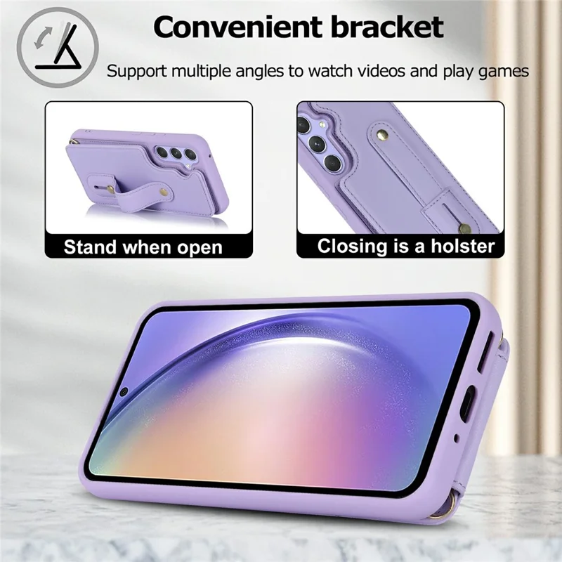For Samsung Galaxy S26+ Case Kickstand Card Slots Leather Coated TPU Cover with Shoulder Strap - Purple - 7