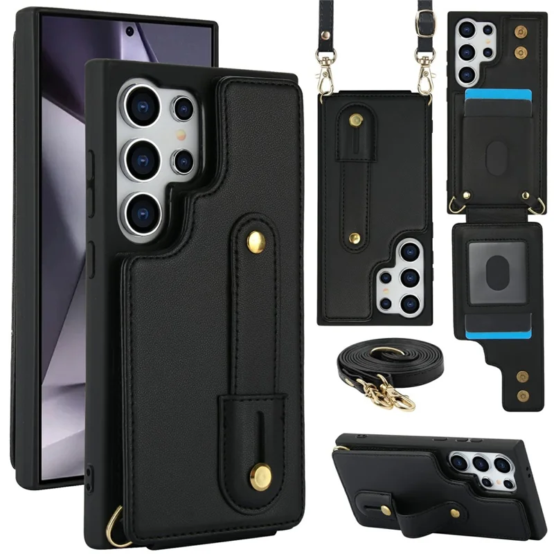 For Samsung Galaxy S26 Ultra Case Kickstand Card Slots Leather Coated TPU Cover with Shoulder Strap - Black
