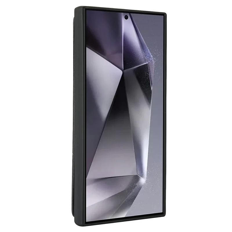 For Samsung Galaxy S26 Ultra Case Kickstand Card Slots Leather Coated TPU Cover with Shoulder Strap - Black