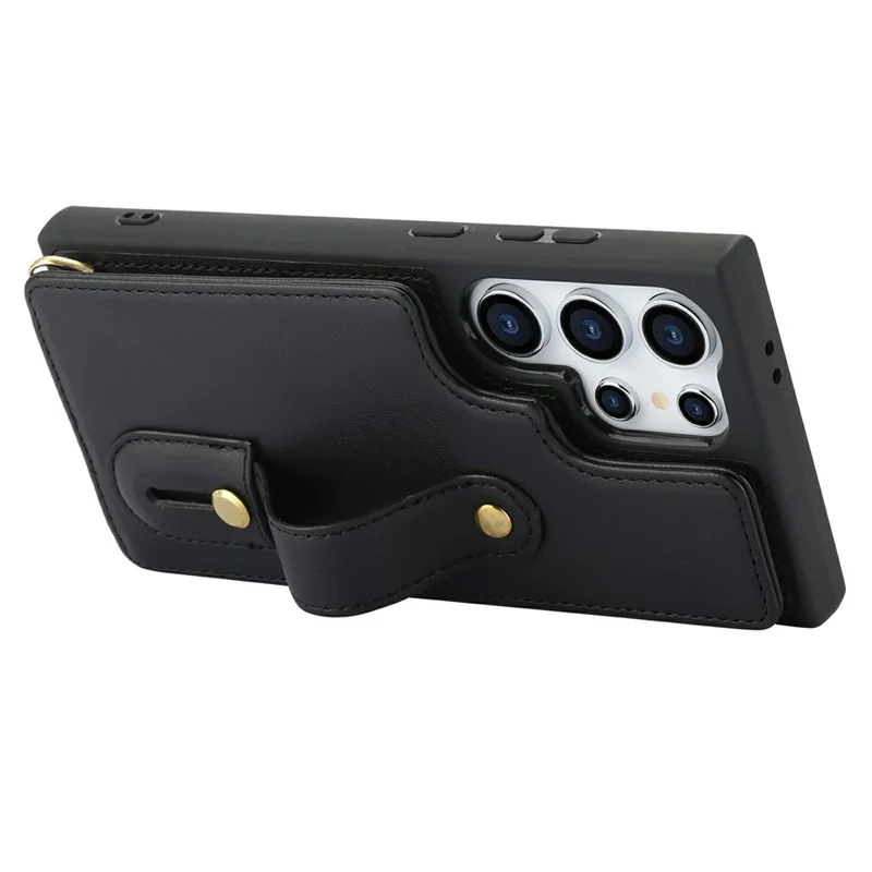 For Samsung Galaxy S26 Ultra Case Kickstand Card Slots Leather Coated TPU Cover with Shoulder Strap - Black